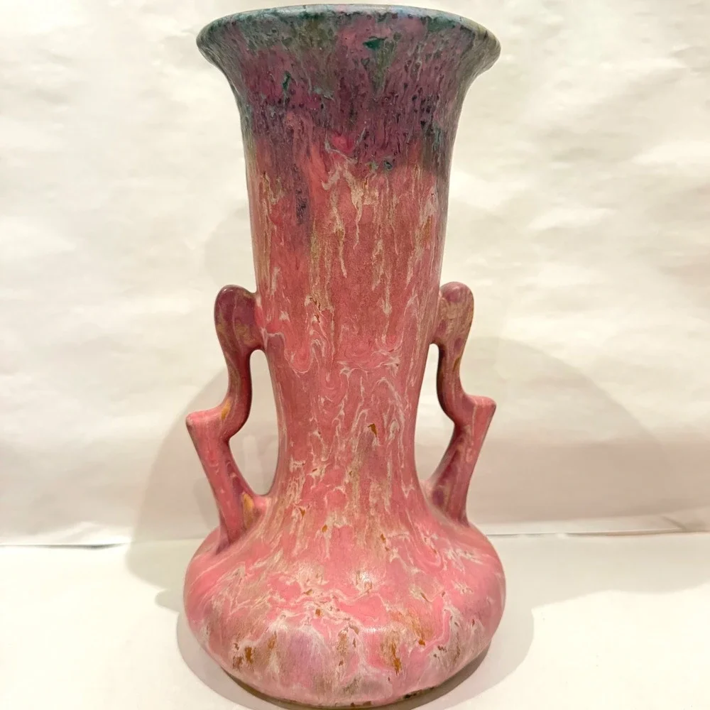 Antique Roseville Carnelian II 316-10 Pink Rose Drip Glaze Vase OG Crayon 1915